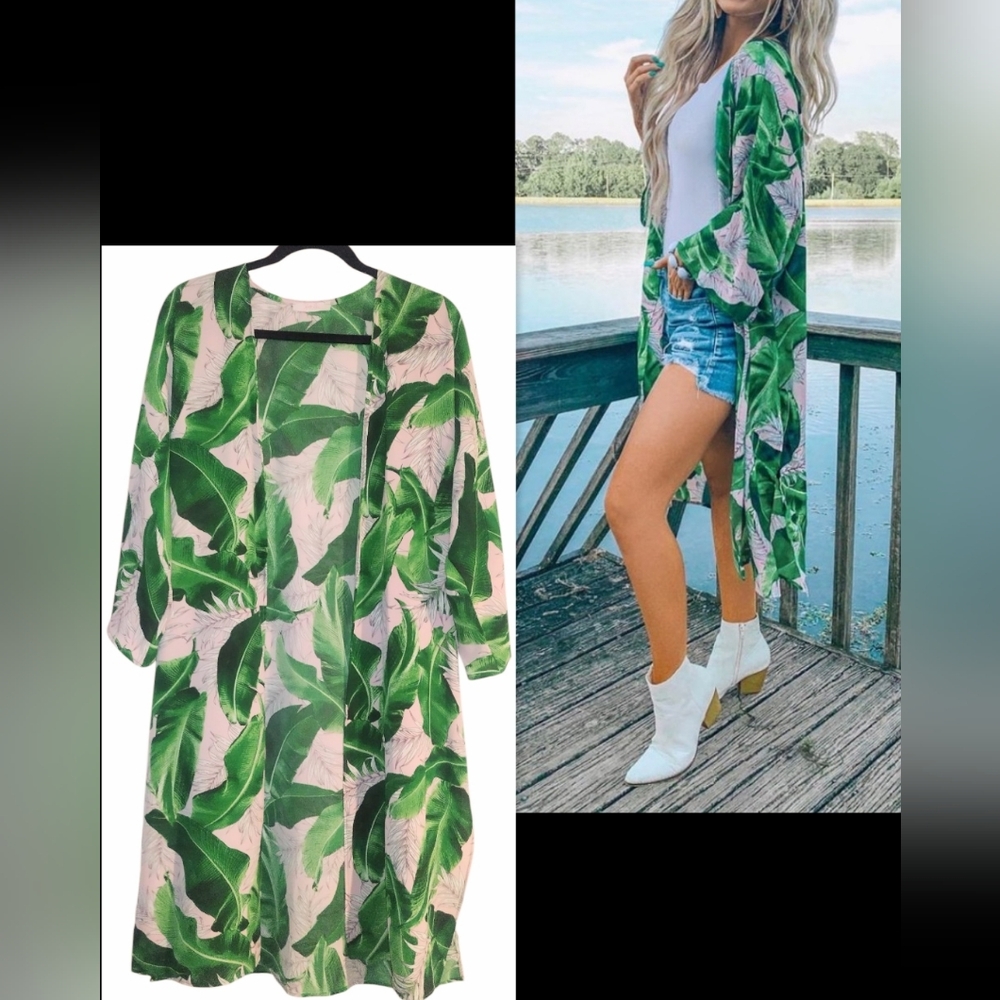 Jess Lea Leaf Pattern Kimono  Cardigan Size M Green Leaf Print Kimono